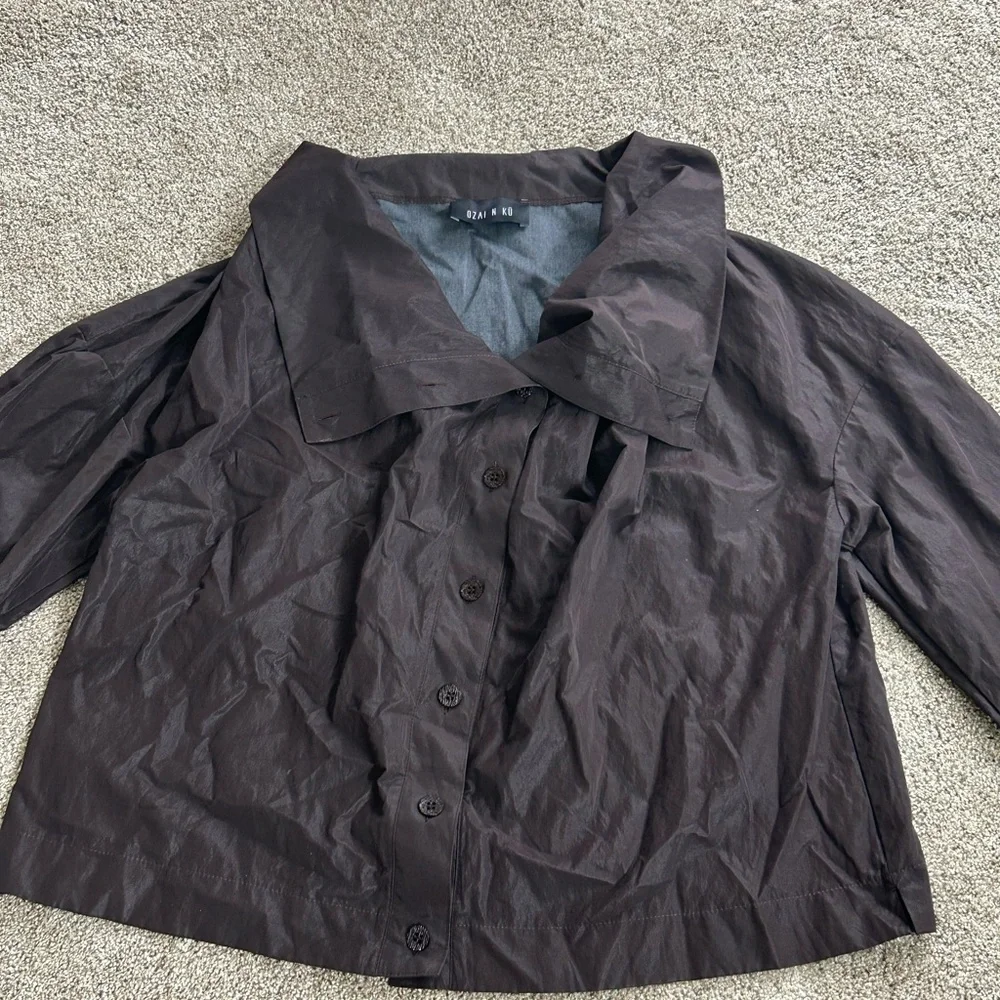 OZAI N KU sz 3XL 3X Brown Coated Crinkle Funnel Neck Jacket Top Lagenlook